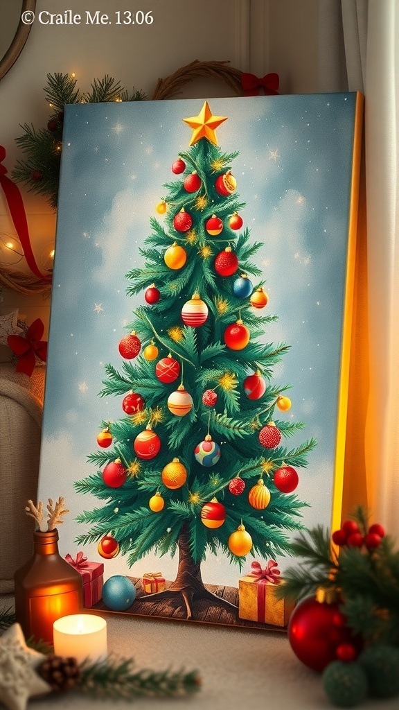 A DIY Christmas canvas painting of a decorated tree with lights, surrounded by holiday decor.
